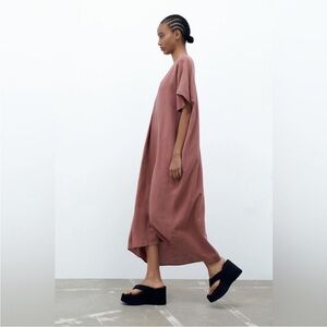 Oversized Bohemian Linen-blend Flowy Tunic Dress in Mauve